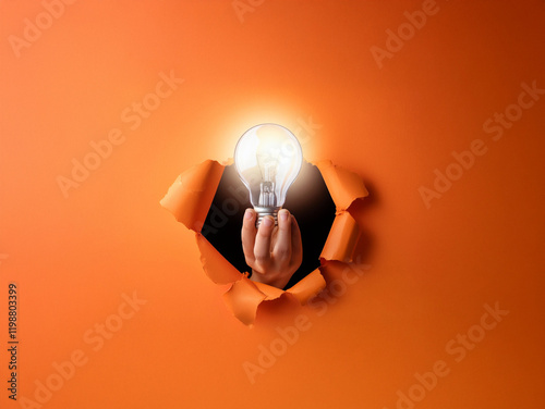 A hand emerges from a torn orange background, holding a glowing lightbulb.  It symbolizes a breakthrough idea, innovation, and inspiration.