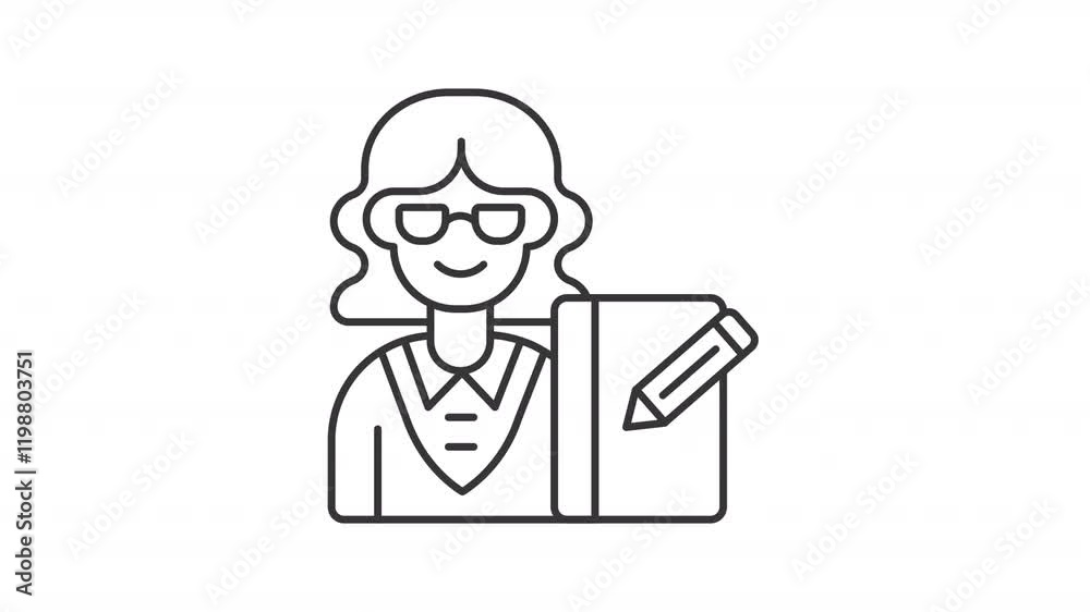 Secretary department line animation. Office worker animated icon. Moving pencil, shaking head. Employee, work. Black illustration on white background. HD video with alpha channel. Motion graphic Secretary department line animation. Office worker animated icon. Moving pencil, shaking head. Employee, work. Black illustration on white background. HD video with alpha channel. Motion graphic