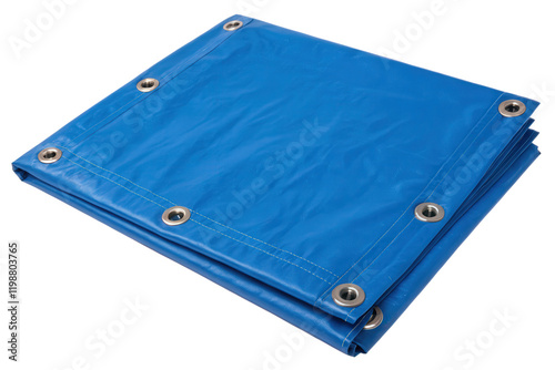 Folded blue tarp with metal grommets isolated with transparent background