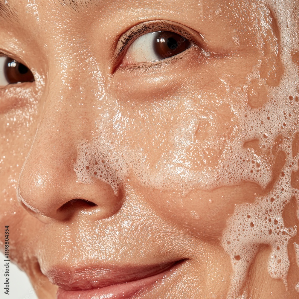 Fototapeta premium A realistic close-up image of an Asian woman in her late thirties, keeping the signs of a young girl. Her face has been washed with cleanser and there is a residue of cleanser foam on her face