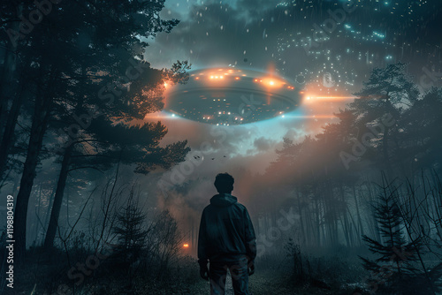 Iron oval UFO saucer hovering over beautiful landscape in deep dramatic sky, abstract vivid composition consists of fictional unreal fantastic vision on background