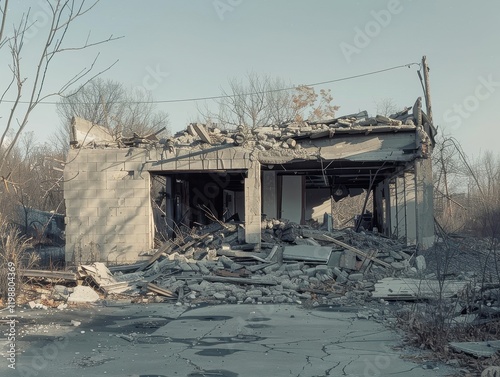 Abandoned building with collapsed roof and crumbling facade surrounded by debris