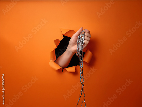 A hand emerges from a torn orange background, grasping a metallic chain.  The scene suggests freedom, escape, or breaking free from constraints.