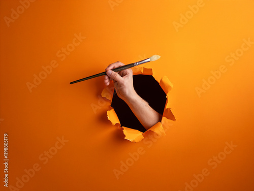 A hand emerges from a hole in vibrant orange paper, wielding a paintbrush, ready to create.  The scene is minimal and suggests artistic creation. photo