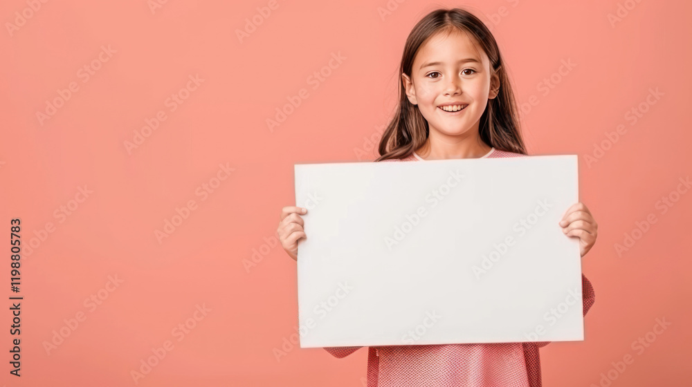 Smiling young girl holding a blank white sign on pink background, ideal for advertisement marketing, advertising, and creative projects. Smiling young girl holding a blank white sign on pink background, ideal for advertisement marketing, advertising, and creative projects.