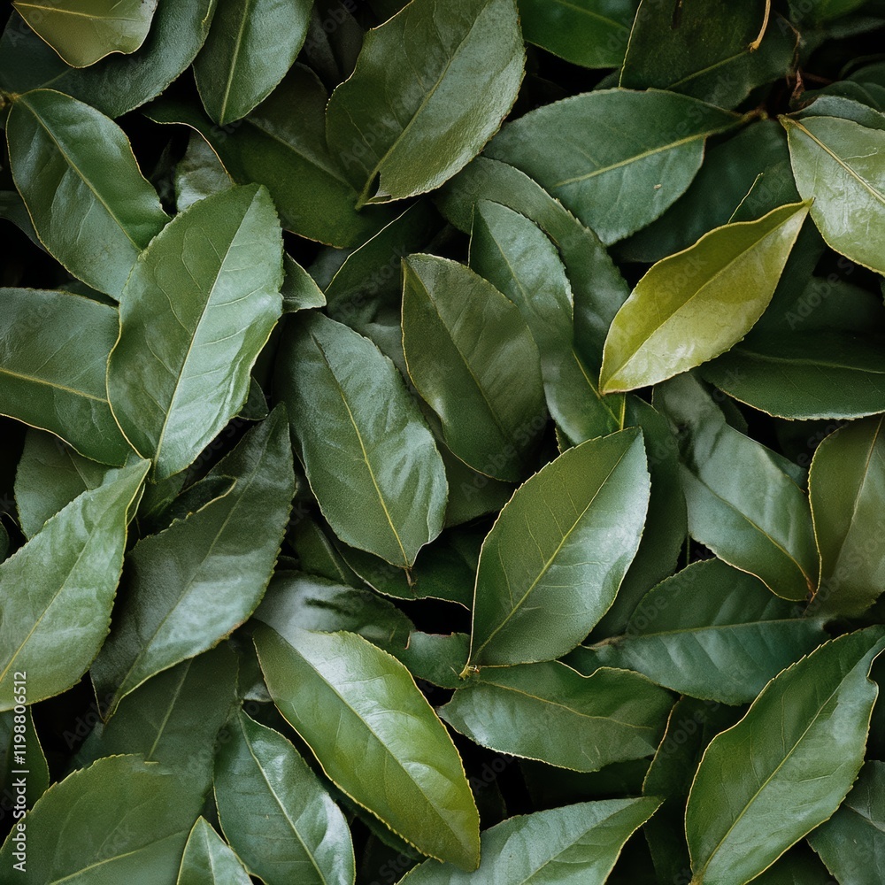Obraz premium A beautiful arrangement of lush green leaves creates a serene and calming background. Perfect for design projects, wallpapers, or ecological themes.