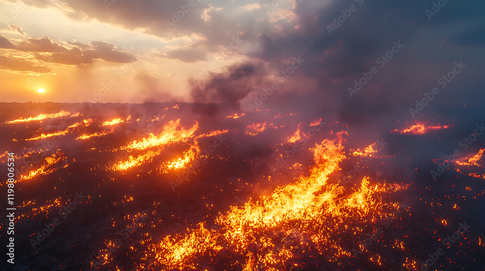 wildfire engulfs dry meadow, creating glowing embers and smoke wildfire engulfs dry meadow, creating glowing embers and smoke