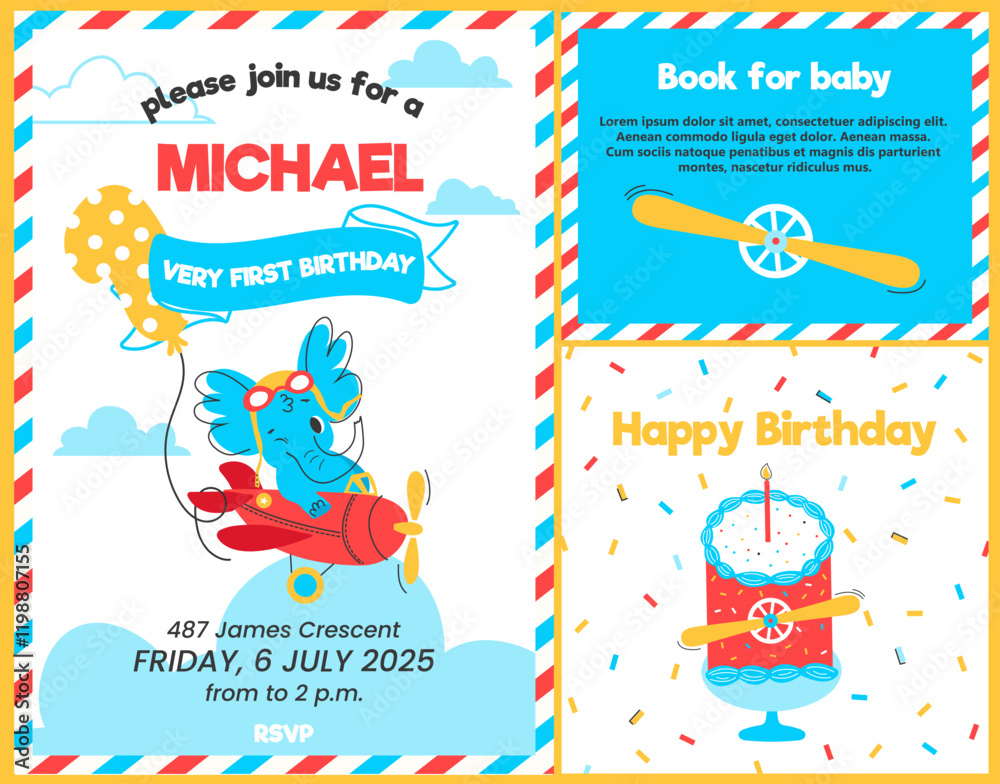 Naklejka premium A set of birthday cards. Invitation, greeting card, and book purchase templates for the kid. Illustration of a cute elephant character flying in an airplane. Templates for a children's party for a boy