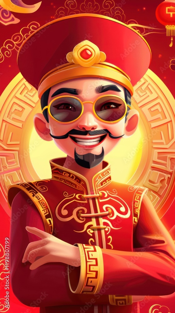 Fototapeta premium Chinese Character in Traditional Chinese Attire with Red Background, Celebrating Festivities and Prosperity, Exuding Cheerfulness and Positive Vibes
