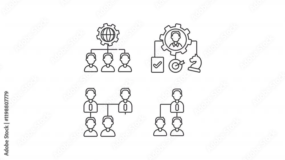 Corporate hierarchy animation set. Organizational structure animated line icons. Employees management. Black illustrations on white background. HD video with alpha channel. Motion graphic