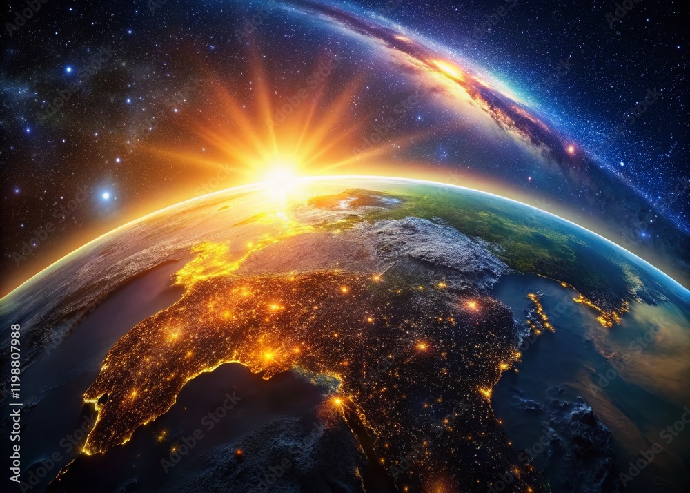 Obraz premium Vintage Sunrise Earth: Climate Change, 3D Planet Animation, Outer Space