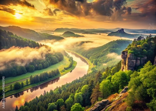 Vintage Summer Misty Elbe River Landscape, Czech Republic - Foggy Morning, Green Hills, Curved River photo