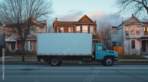 Blue delivery truck parked on residential street at sunset.