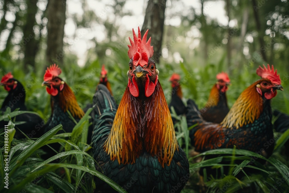 Fototapeta premium A group of chickens are standing in a field of grass