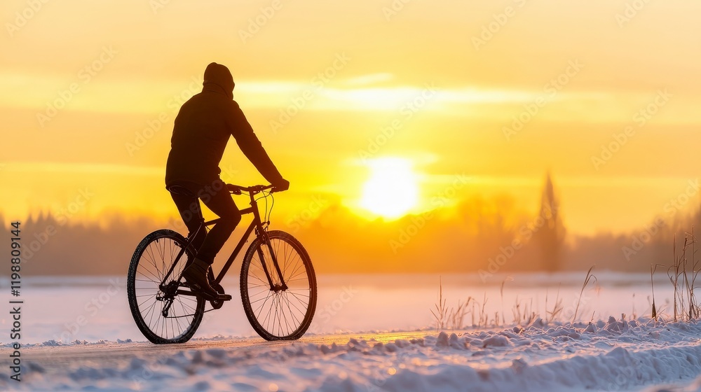 Fototapeta premium Silhouette of Cyclist Riding Bicycle Through Snowy Landscape During Glorious Sunset in Winter Season