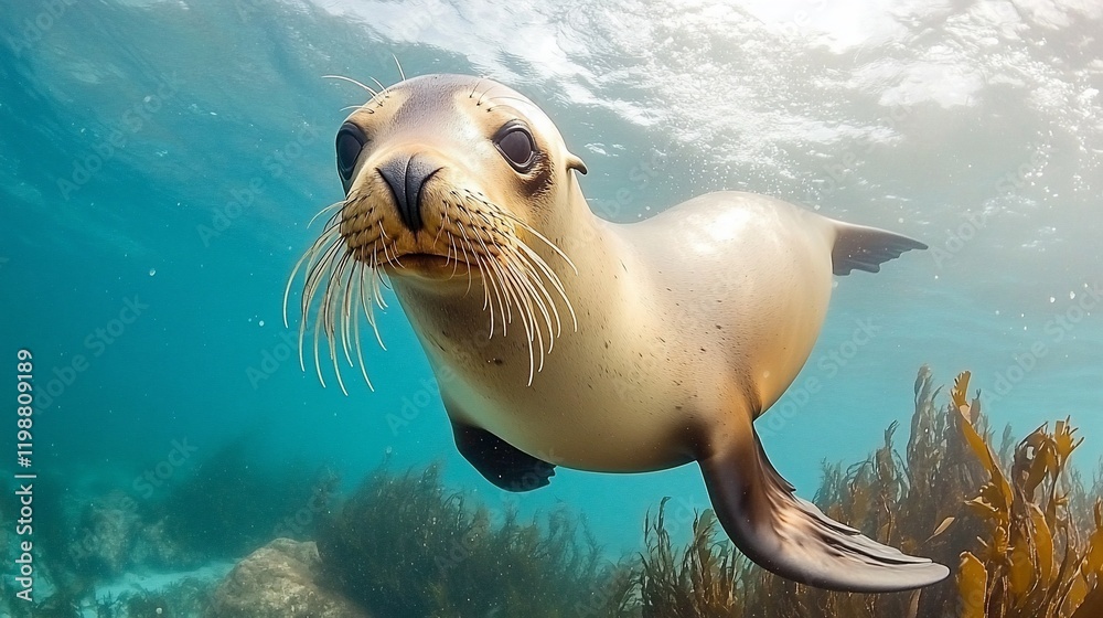 Fototapeta premium Underwater close-up of a curious sea lion swimming among kelp.