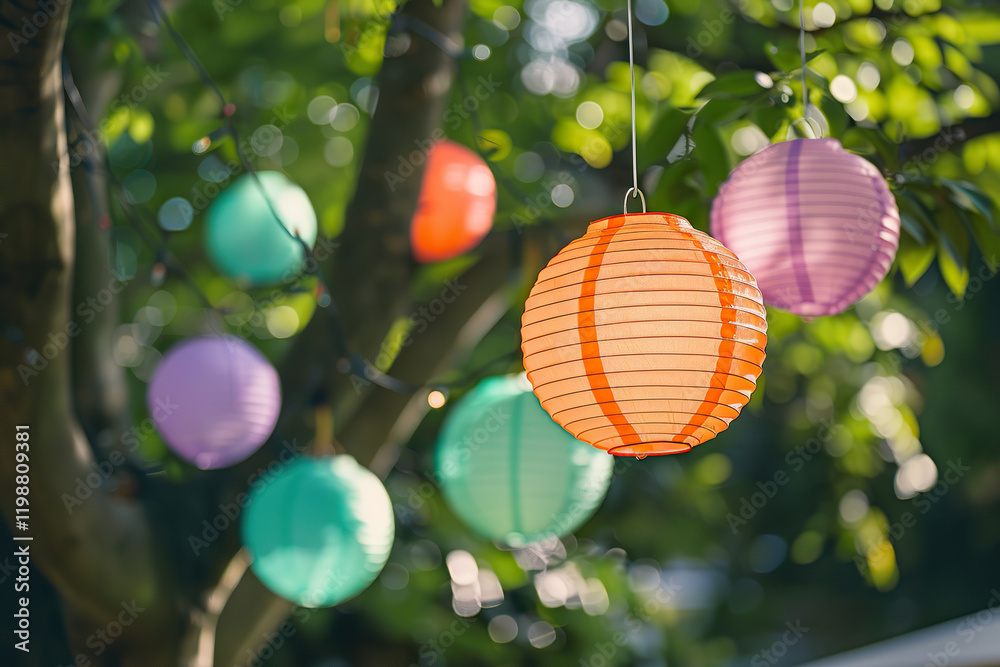 Fototapeta premium Beautiful holiday composition for happy celebrate chinese festival of lanterns, abstract vivid composition consists of fictional unreal fantastic vision on background