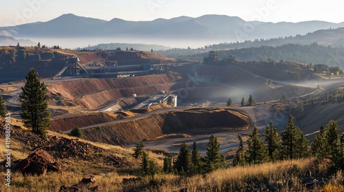 Open-pit mine in a mountainous region at sunrise, showing mining equipment and infrastructure.