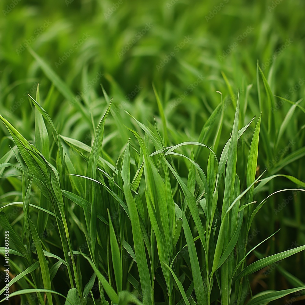 Fototapeta premium Close-up of vibrant green grass blades, showcasing nature's freshness and tranquility.