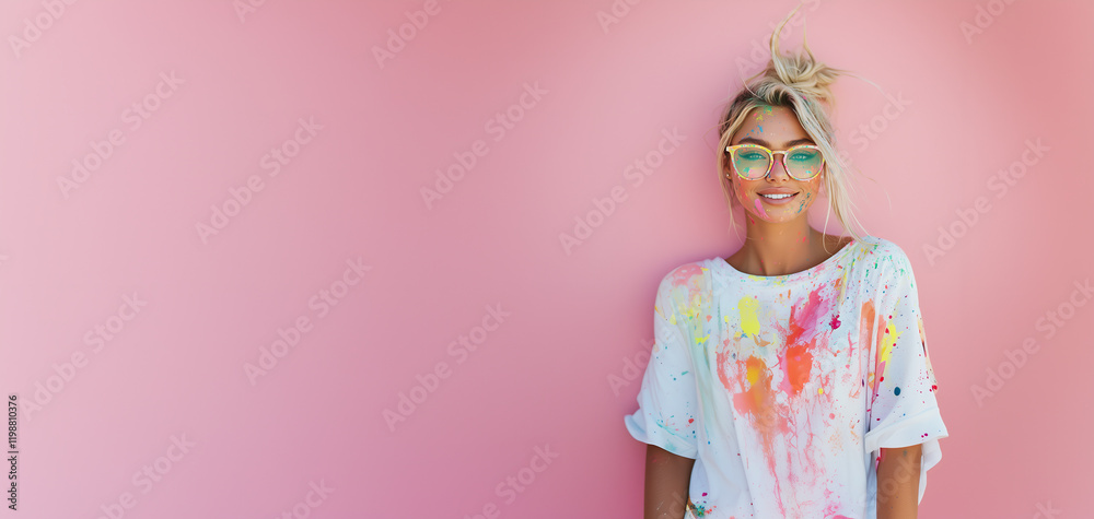 Creative female artist stands against a pastel pink wall, showcasing her vibrant paint-splattered clothing while expressing joy during her artistic process Creative female artist stands against a pastel pink wall, showcasing her vibrant paint-splattered clothing while expressing joy during her artistic process