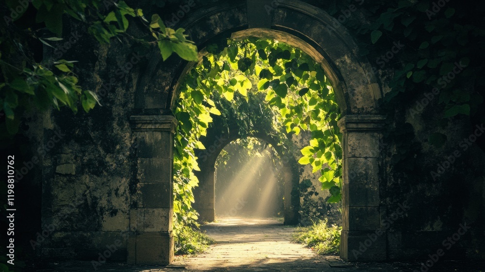 Obraz premium Foliage-covered stone archway with sunlight filtering through green leaves