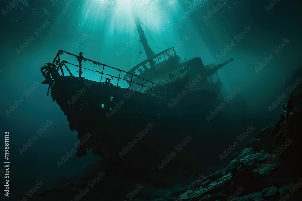 Underwater view of an old sunken ship on seabed with fish swimming around, abstract vivid composition consists of fictional unreal fantastic vision on background Underwater view of an old sunken ship on seabed with fish swimming around, abstract vivid composition consists of fictional unreal fantastic vision on background