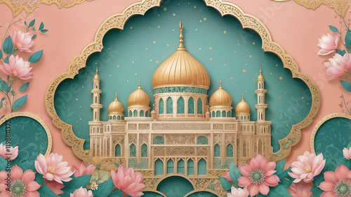 Eid mubarak banner or wallpaper with beautiful traditional Islamic motifs along the edges.