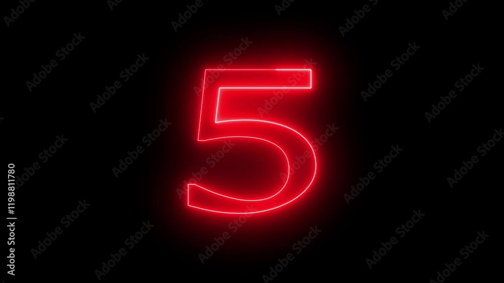 glowing neon 5 number text sign animation on a black background. glowing neon 5 number text sign animation on a black background.