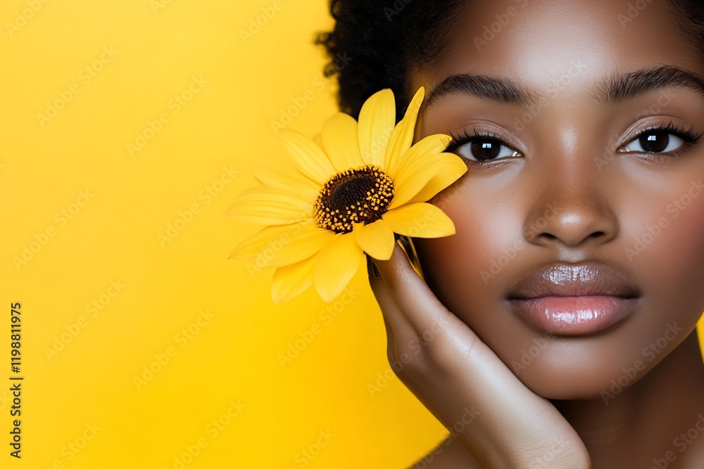 Vibrant Young Woman with Sunflower on Yellow Background Natural Beauty Portrait : Generative AI