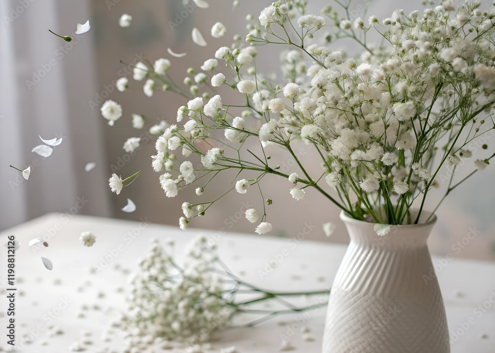 Fototapeta premium White Baby Breath Flowers in a Vase with Falling Petals