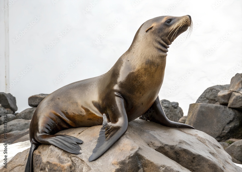 Fototapeta premium Bronze sea lion sculpture resting on rocks on white background