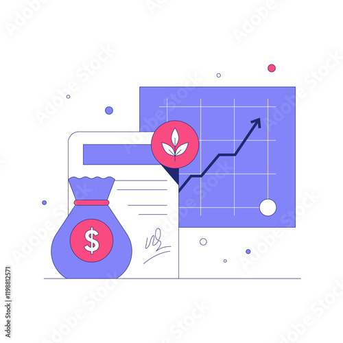 Money Bag, Signed Document, And Growth Chart In Flat Vector Illustration Symbolizing Finance, Investment, And Profit Growth, Isolated On White Background