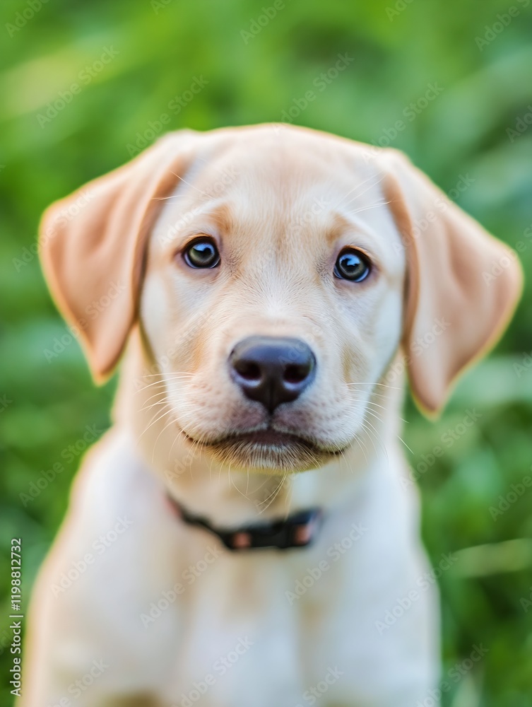 Adorable Labrador Puppy with Bright Eyes Sitting on Green Grass at Daytime : Generative AI Adorable Labrador Puppy with Bright Eyes Sitting on Green Grass at Daytime : Generative AI