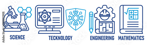 STEM banner web icon vector illustration concept for science, technology, engineering, mathematics education with icon of flask, microscope, artificial intelligence, processor, machine, and calculator