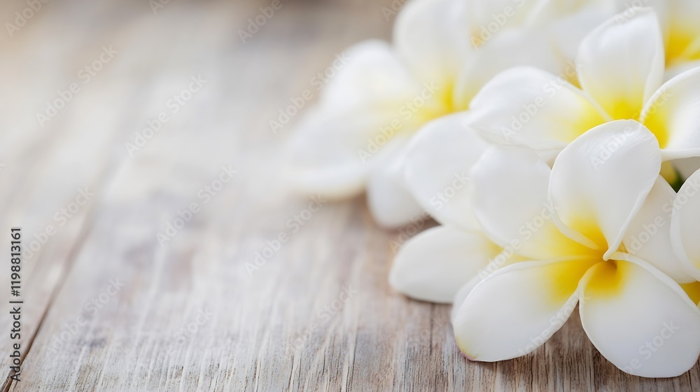 Close Up of White Frangipani Plumeria Flowers on Wooden Surface : Generative AI Close Up of White Frangipani Plumeria Flowers on Wooden Surface : Generative AI