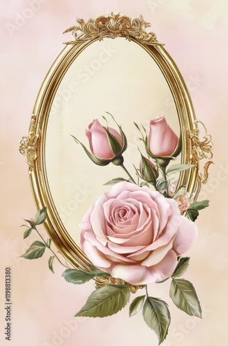 Pink roses in ornate gold frame, romantic pastel background,  greeting card design