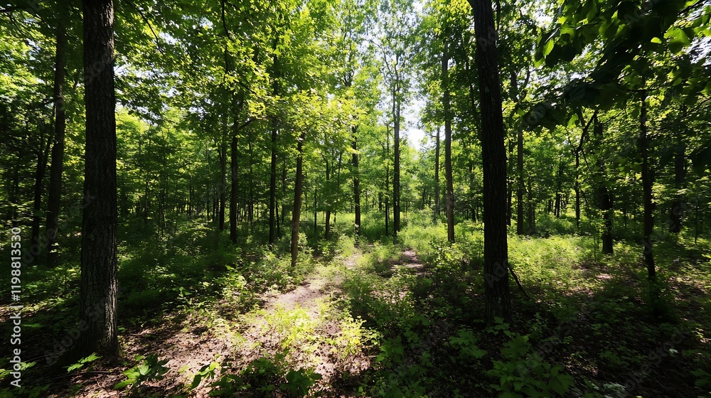Sunlit Green Forest with Leafy Ground Cover and Tall Trees in Springtime Landscape : Generative AI Sunlit Green Forest with Leafy Ground Cover and Tall Trees in Springtime Landscape : Generative AI