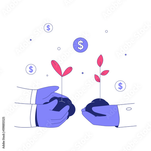 Hands Holding Saplings In Flat Vector Illustration Symbolizing Investment, Growth, And Financial Prosperity, Isolated On White Background