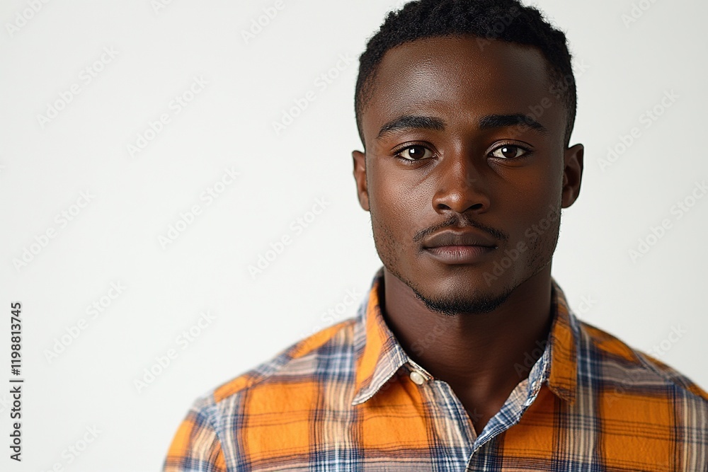A close-up portrait of a young man wearing a plaid shirt, showcasing a serious expression. A close-up portrait of a young man wearing a plaid shirt, showcasing a serious expression.