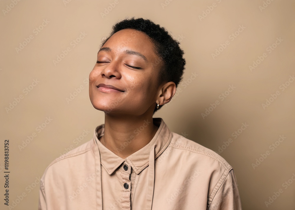 Fototapeta premium A person showing relief, eyes closed, mouth slightly smiling, standing against a neutral beige background