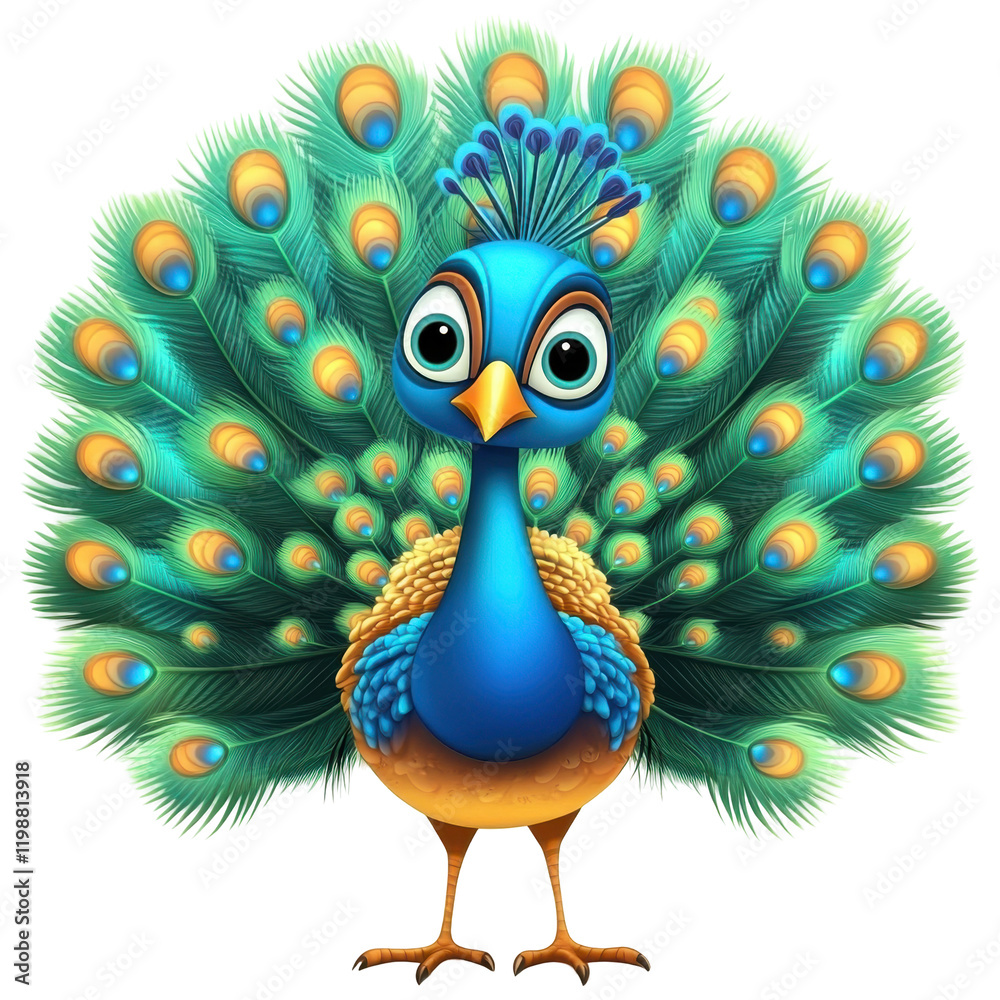 Obraz premium Vibrantly Colorful Cartoon Peacock with Striking Feathers in a Playful Pose