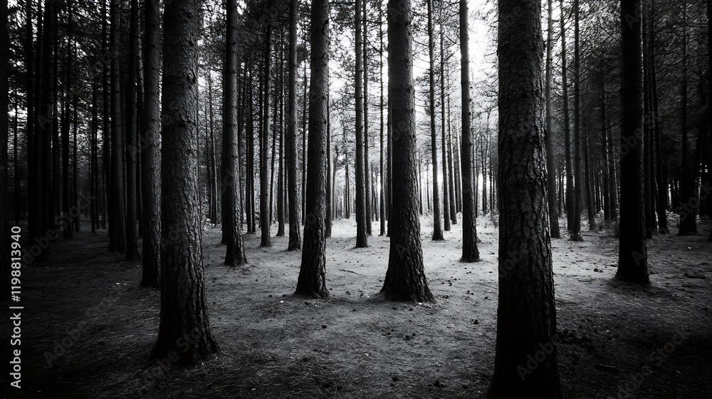 Naklejka premium Monochrome image of dense forest with tall trees showcasing moody atmospheric winter woodland scene : Generative AI