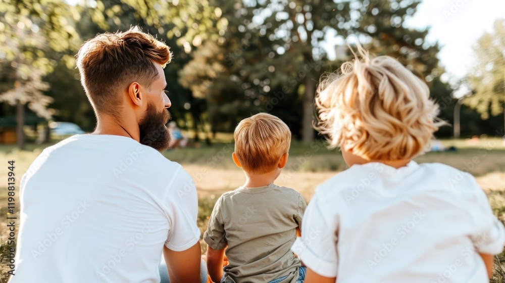 Naklejka premium Father's day and Heartwarming Scene of a Father and Two Young Children Enjoying Quality Time Together Outdoors in a Sunlit Park Surrounded by Nature's Beauty