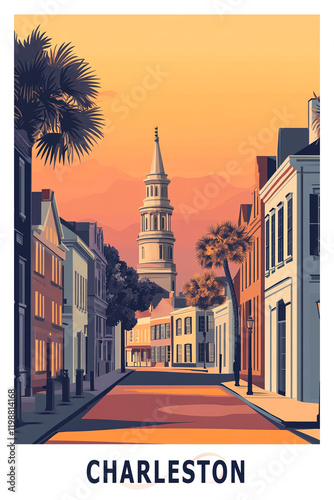 Wallpaper Mural Charleston USA, South Carolina state illustrated poster in retro style. Vintage travel booklet, postcard, print, cover with scenic skyline, street view Torontodigital.ca