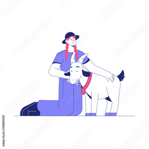 Woman With Goat In Flat Vector Illustration Symbolizing Animal Care, Farming, And Livestock Bond, Isolated On White Background