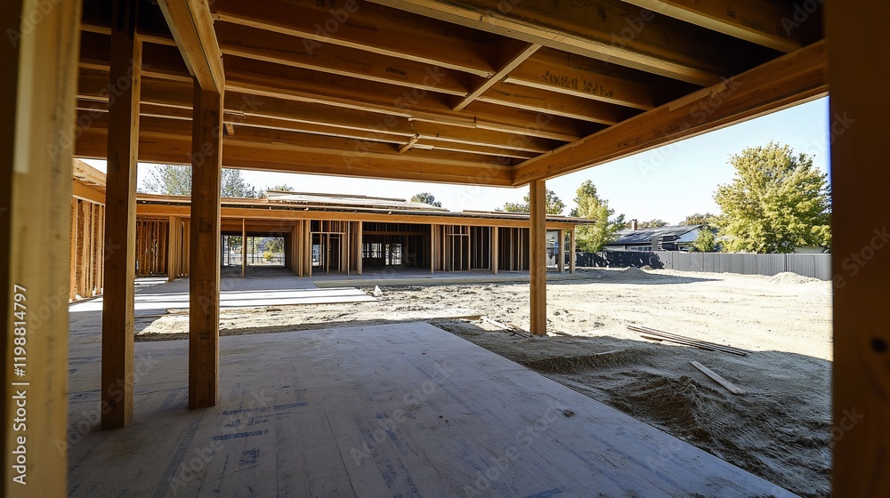 Fototapeta premium Under-construction building's wooden frame, showing interior and exterior spaces.