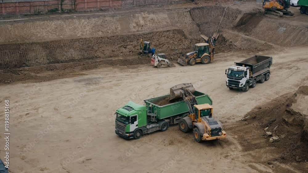 Loader Filling Trucks with Dirt at a Construction Site. Urban Development. Loader transferring soil and debris. Industrial machinery, construction progress, heavy equipment operations. Sitework. Loader Filling Trucks with Dirt at a Construction Site. Urban Development. Loader transferring soil and debris. Industrial machinery, construction progress, heavy equipment operations. Sitework.