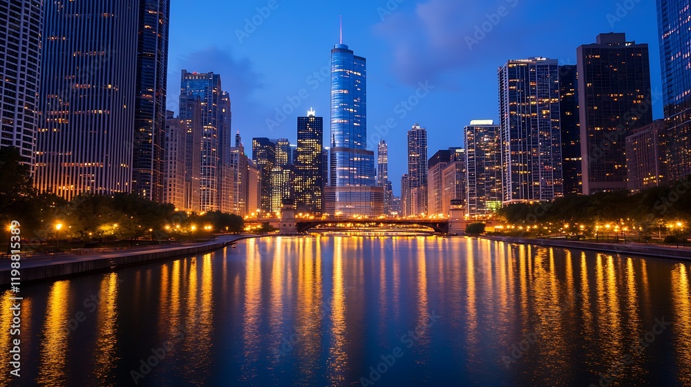 Fototapeta premium Stunning Illuminated City Skyline at Dusk with Tall Skyscrapers Reflecting on River Water : Generative AI