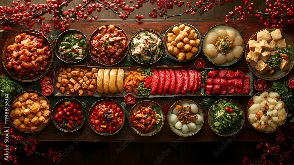 Fototapeta premium A Festive Chinese New Year Feast: Abundant Dishes in Warm Lighting