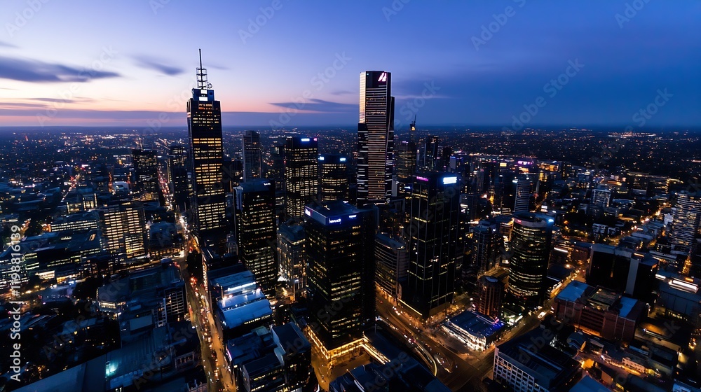 Obraz premium Panoramic View of City Skyline at Dusk with Skyscrapers and Twinkling Lights : Generative AI